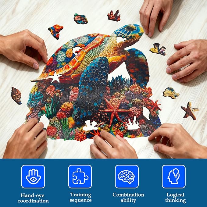 Wooden Puzzles for Adults, Coral Sea Turtle Jigsaw Puzzles for Adults, 300 Piece Unique Animal Shaped Wood Cut Puzzles, Fun Challenging Turtle Puzzles Gift for Family Game Night Home Decor 14.6*15in
