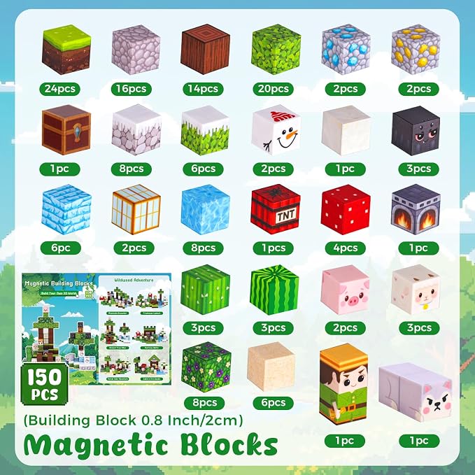 3 otters 150PCS Magnetic Blocks, with a Storage Bag, Forest Explorer | Sensory Stacking Toy for Kids, Stem Learning, Preschool, Classroom, Screenless Activities, and Birthday Gifts