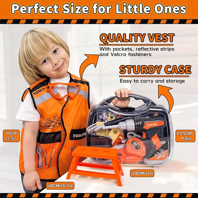 KidBloom Kids Tool Set, Toddler Tool Set with Box, Toys for 3 Year Old Boys | Construction Toys with Toy Drill, Toddler Boy Toys with Vest, Pretend Play Tools for Kids, Birthday Gifts for 3 4 5 6 7 8 9