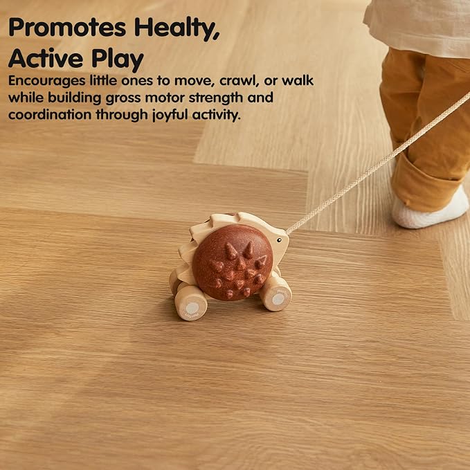 PlanToys® Wooden Pull Along Hedgehog Montessori Toddler Walking Kids Set | rolling wheels, toddler pull toys, sound design, girls, boys, gross motor balance & coordination learning gift for kids