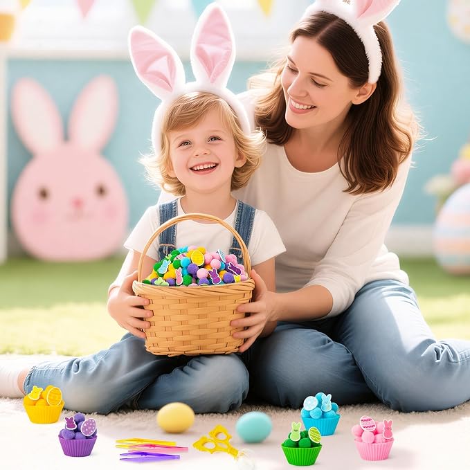 EZdhuawuse Summer Sensory Bin Fillers Toys for Kids - 268 Summer Egg Bunny Fine Motor Toys Birthday Gift, Counting Sorting Toys with Felt Egg Rabbit Pom Pom Cup Clips, Preschool Learning Activitie