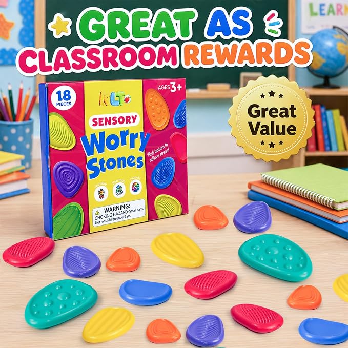 Fidget Toys Sensory Stone for Kids: 18 Pack Bulk Textured Worry Stone for Autism Calming - Quiet Fidgets for Classroom Students Prizes - Small Goodie Bags for Back to School Supplies Gifts