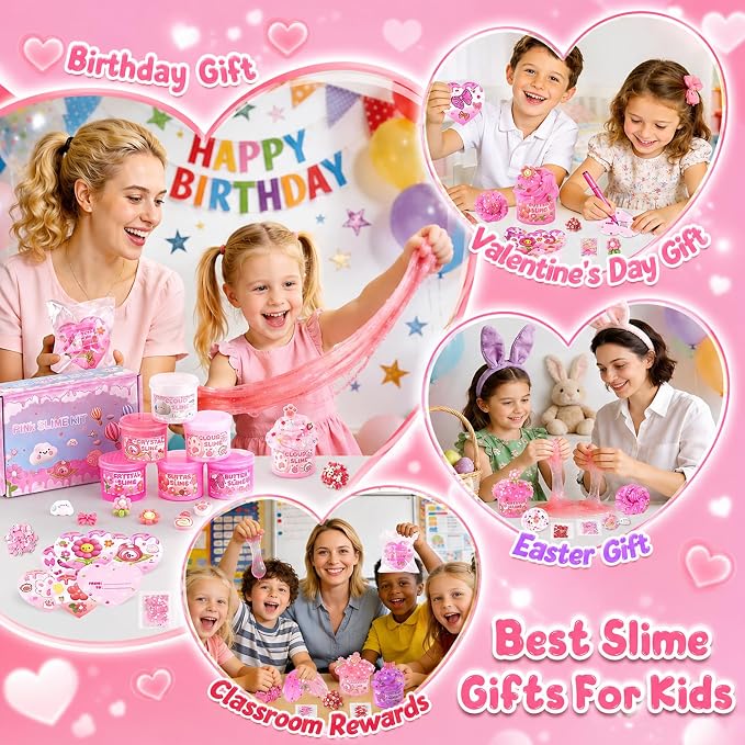 6-Pack Pink Slime Kit for Girls, Cloud Butter Squishy Birthday Gift Set | Party favor, goodie bag stuffer, Easter basket filler and sensory toy for kids ages 4-10