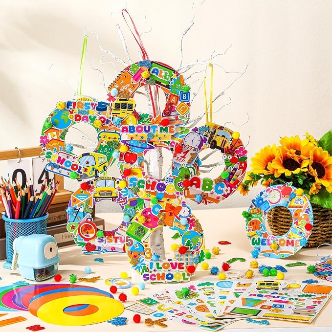 Hollowfly 48 Sets Back to School Craft Kits DIY Wreath for First Day | 8 Wreath Designs, Lightweight Foam Ornaments, Make Your Own School Craft, First Day Activities Back to School Party Favors