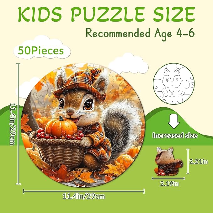 Fall Wooden Puzzles for Kids - Squirrel Harvest | 50 Piece Puzzles for Kids Ages 4-6 - Kids Puzzle with Unique Animal Shapes - Round Puzzles for Boys and Girls (11.4 * 11.4in)