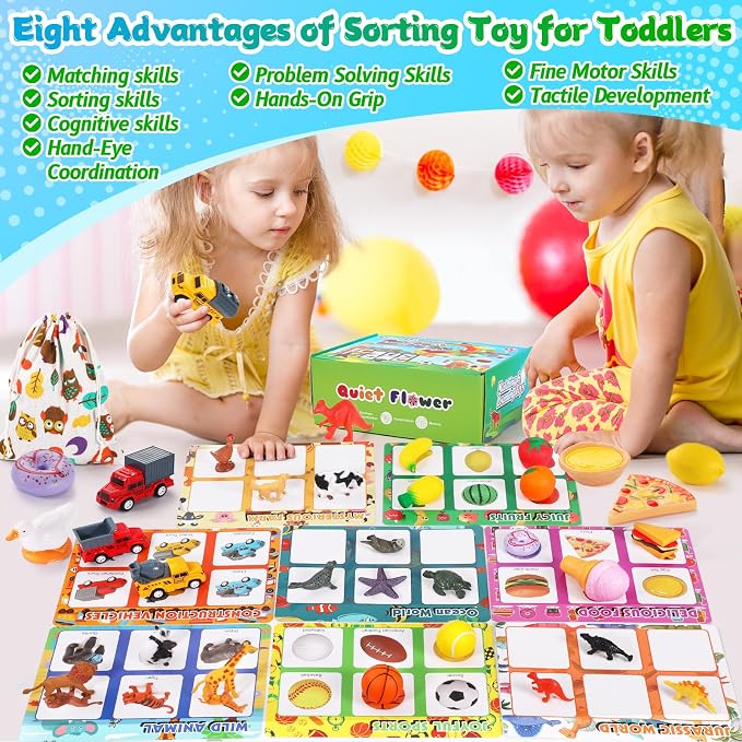 Quiet Flower 59 Pcs Sorting Toys for Toddlers 3-5, Dinosaur & Vehicle Matching Game with Flashcards, Sensory Educational Materials for Autism & Speech Development, Preschool Fine Motor Activities Gift