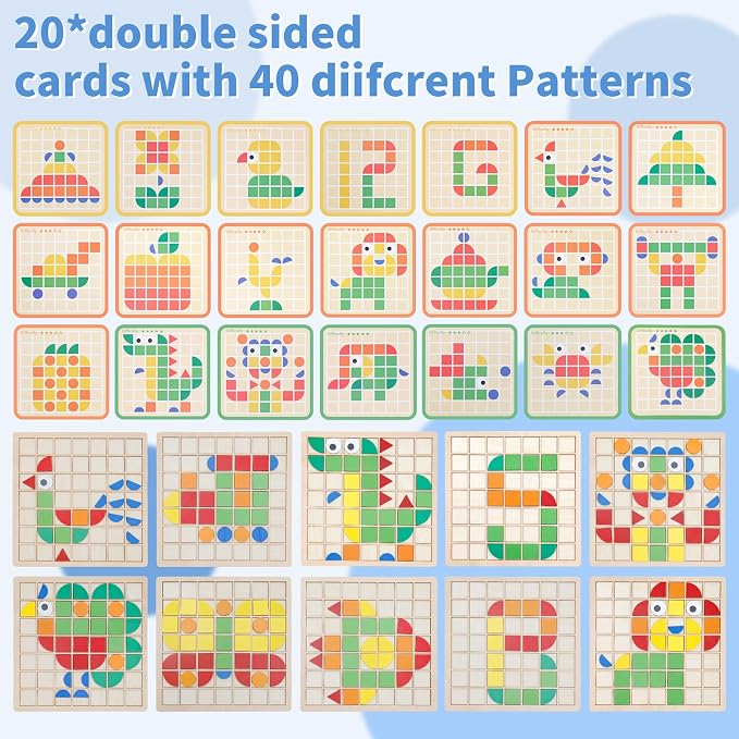 Montessori Tangram Educational, Geometric Shapes Puzzle Toys with 120Pcs Wooden Puzzle Blocks and 20Pcs Cards, Colorful Pattern Montessori Children's Educational Gifts for Kids Ages 3 and Up