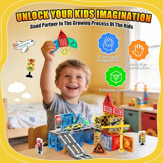 Magnetic Tiles - Construction Toys, Road Set Outdoor Travel Toys with Magnetic Crane & Car for Boys Age 3-5 4-8 8-10, Mini Magnet Building Blocks with Crane, Road, Traffic Lights, STEM Sensory Gifts