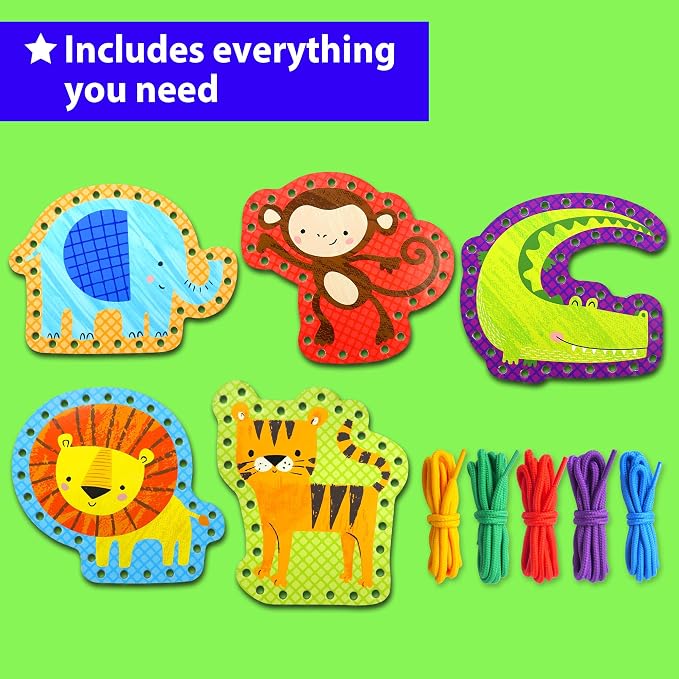 KRAFUN Safari Animal Beginner Lacing Cards Age 3+ | 5 Projects | 5 safari cards: Lion, Monkey, Elephant, Tiger & Crocodile. Builds fine motor skills. Beginner activity ages 3+