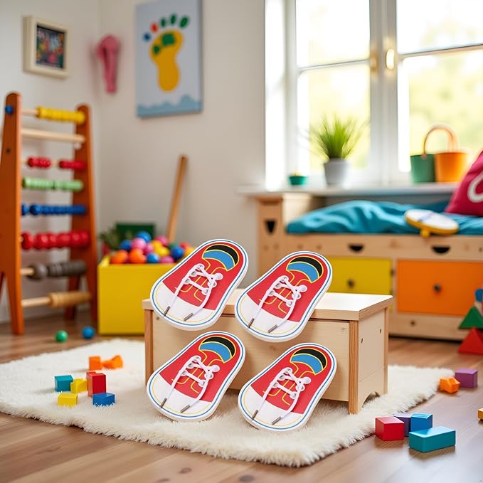 Jinshining 4 Pcs Shoes Learning Toy Kits Learn to Tie Your Own for Kids Practical Learning Toys for Young Children Training Board Kids Toddler Early Wooden Threading Lacing Shoes Craft Kits