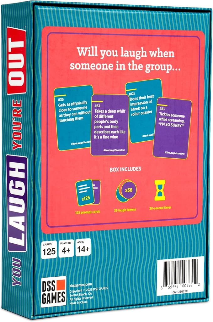 You Laugh You're Out | Charades Party Card Game for Adults & Teens Ages 14+ | 125 Prompt Cards, Laugh Tokens, Sand Timer, 4+ Players, Try Not to Laugh Challenge, Teen Game, Game Night Activity