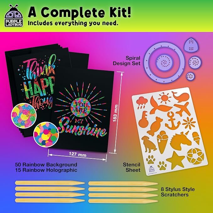 Rainbow Scratch Art Kit with Stencils, 79 Pc Craft Kit Ages 4-8 | Creative Drawing Paper & Stencils, Arts and Crafts for Ages 4-12, Summer Activities for Kids, Travel & Birthday Activities
