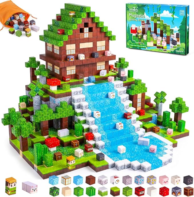 3 otters 150PCS Magnetic Blocks, with a Storage Bag, Forest Explorer | Sensory Stacking Toy for Kids, Stem Learning, Preschool, Classroom, Screenless Activities, and Birthday Gifts