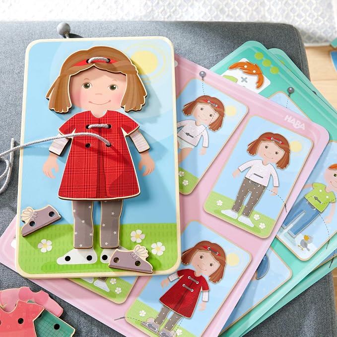HABA Dress Me Lacing Cards Game - Montessori Fine Motor Skills Toy for Preschool Learning Activities and Kindergarten Toys with 36 Wooden Pieces