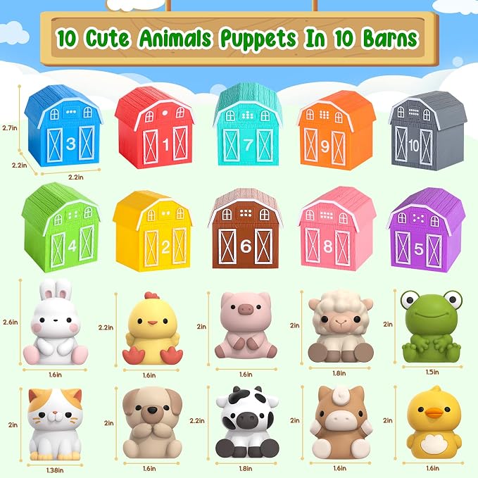 Farm Animal Toys for Toddler 1-3 Year Old, Montessori Toy Gift for Boy Girl | 10 Farm Animal Toys & 10 Barns, Counting, Matching & Sorting Educational Sensory Toys, Christmas Birthday Gift for Baby 1-3