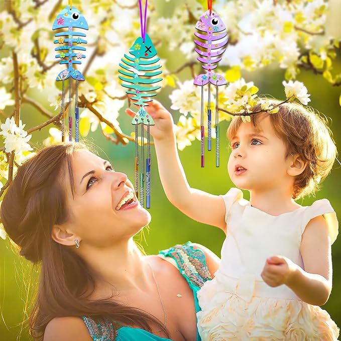 Fennoral 12 Pack Fish Bone Wind Chime Craft Kit for Kids | Make You Own Wooden Arts and Crafts Ornaments DIY Coloring for Classroom Art Activities Birthday Party Gifts