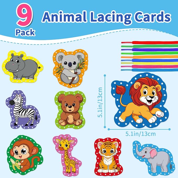 Animals Lacing Cards, Sewing Kit for Kids,Fine Motor Skills toys | 9PCS Double Side Toddler Crafts for Shoe Tying Practice,Manipulatives for Preschool Learning Activity,Classroom Must Haves