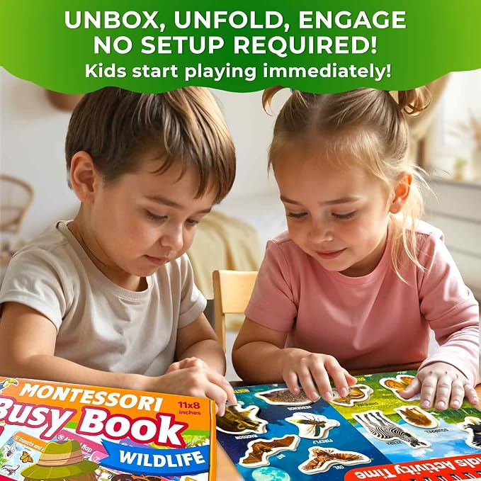Montessori Busy Book for Kids Ages 4-8 — My Preschool Toddler Busy Book 3-5 | Velcro Pre K Toddler Learning Busy Book for Homeschooling — 15 Kids Educational Animal — 15 Activities with 178 Elements