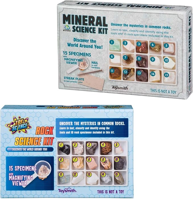 Toysmith STEM Rock & Mineral Science Kit for Kids - 30 Geology Specimens with Viewer, Identification Tools & Testing Tools - Geology Set for Young Geologists, Ages 8+