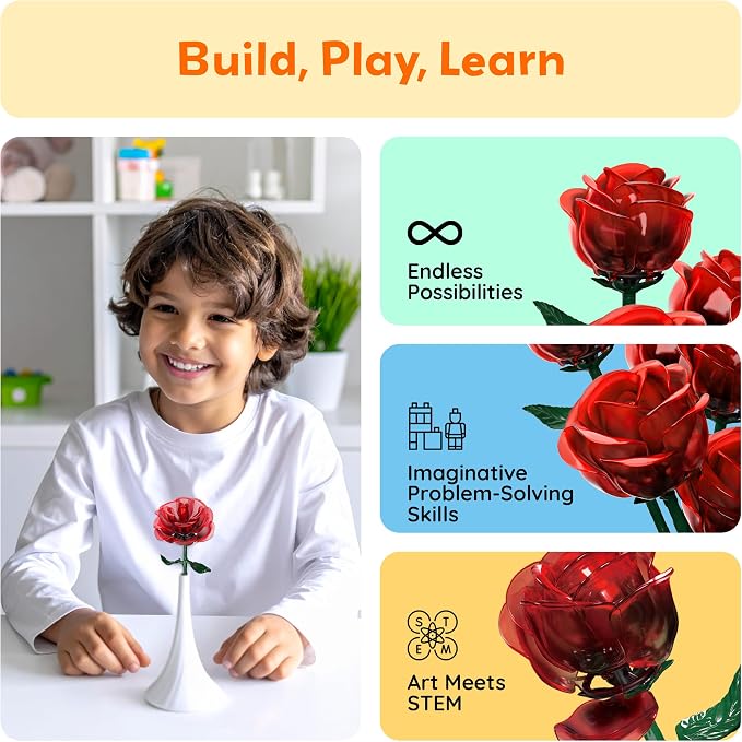 PicassoTiles Red Stem Rose Building 45pc Set With Magnetic Hold Piece Creative Hands-On Play Discovery Activity Kit Room Decor Gifts For Mother’s Day Present Display Flower Boys Girls Kid Age 3+ PBS20