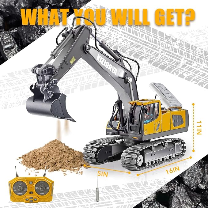 KIZJORYA Remote Control Excavator, Toys for Boys Age 6-12, Rechargeable 11 CH RC Construction Vehicles Truck with Sound Light Metal Shovel, Birthday for Kids 7 8 9 10+ Year Old(2.4 GHz)