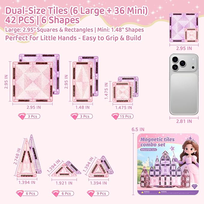 burgkidz Sparkling Glitter Magnetic Tiles: Castle Gift for Girls 3-8 | 42pcs pink-purple glitter, gift-ready tin, BPA-free, ASTM safe, strong magnets, 120min quiet, castle toy for girls 3-8