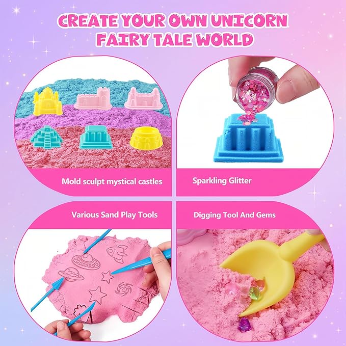 Unicorn Sensory Bin for Girl, Magic Sand Art Kit for Boys and Girl with Sandbox, Castle Molds, 2.18lb 3 Color Sand, Best Unicorn Toy Kits Christmas Birthday Gift for Toddler Ages 3+