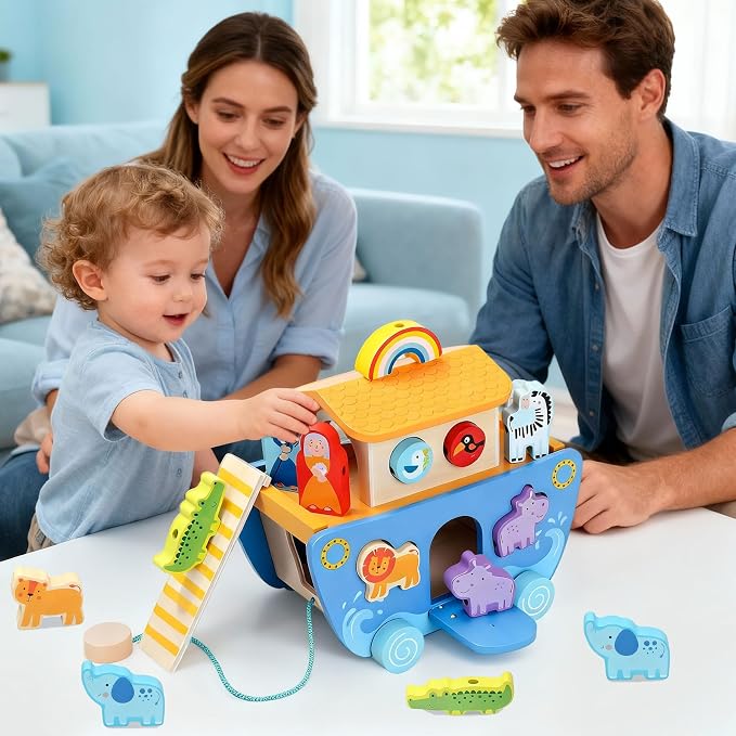 Wooden Noahs Ark Toy with Animal|Baby Baptism Gifts for Boys and Girl | Montessori Toys for 1+ Years Old|Eductional Shape Sorting Noah's Ark Toys for Toddlers 1-3|Learning Christening Birthday Gift