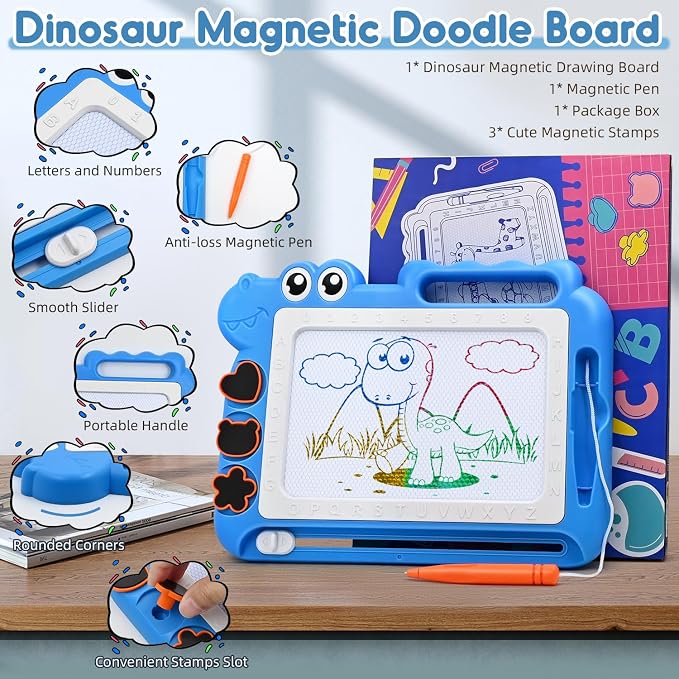 AiTuiTui Magnetic Drawing Board for Toddlers, Dinosaur Doodle Board Toddler Toys, Educational Learning Kids Toys Gifts for 2 3 4 Year Old Boys Girls, Color Sketch Writing Pad Travel Games (Blue)
