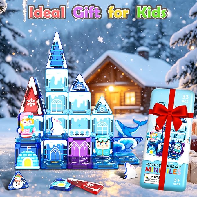 33PCS Mini Magnetic Tiles - Arctic Animals Theme Toddler Travel Essentials Set with Case, Magnetic Building Blocks Kids Games Montessori Preschool Sensory Toys for 3+ Year Old Boys Girls Gifts