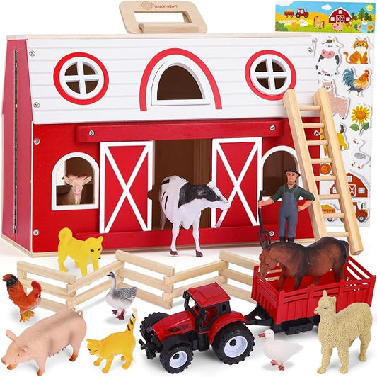 Wooden Barn Toy Set with Farm Animals, Sticker | Portable Pretend Play Barn, Farm Animal Figures, Montessori STEM Educational Animal Playset for Kids Birthday Christmas Gift