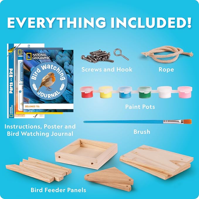 National Geographic Build Your Own Bird Feeder Craft Kit for Kids | DIY Wooden Bird Feeder, Paints and Brush, Bird-Watching Journal, Educational Poster, Outdoor Nature Craft, Birthday Gift