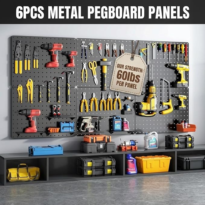Peg Board, 112PCS Heavy Duty Metal Pegboard with Hooks, 6 Pack Black Peg Board Panels, 60lbs Load Capacity Each, Pegboard Wall Organizer for Garage, Workshop, Kitchen, Craft Rooms