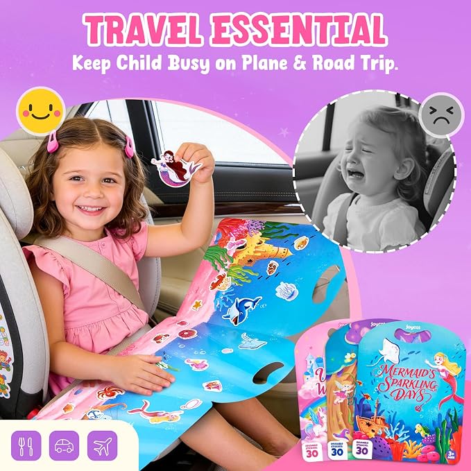 JoyCat Reusable Sticker Book Set for Kids, 3-Pack, Unicorn Fairy Mermaid | 90 washable stickers, kids car activities, road trip toy, party favors, toddler girl birthday gift, preschool creative play