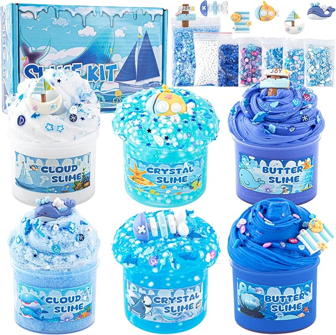 6-Pack Blue Slime Kit for Kids, Butter Cloud Squishy Birthday Gift Set | Party favor, goodie bag stuffer, Easter basket filler and sensory slime toy for boys and girls ages 4-10