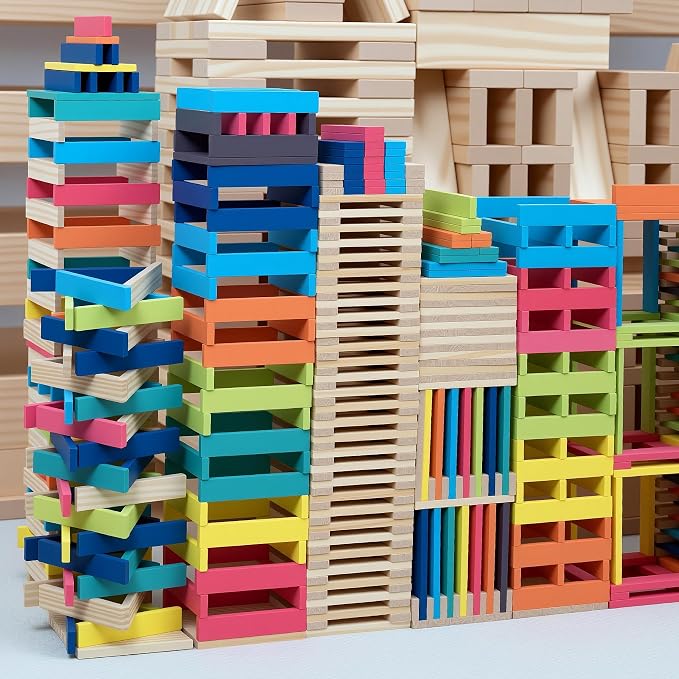 Premium 300 Pcs Rainbow Wooden Building Planks Kit, Open-Ended Creative Building Blocks Set for Kids Ages 3-12,Colorful Pine STEM Construction Toys - Educational Sorting & Patterning Gift (4.65 in)