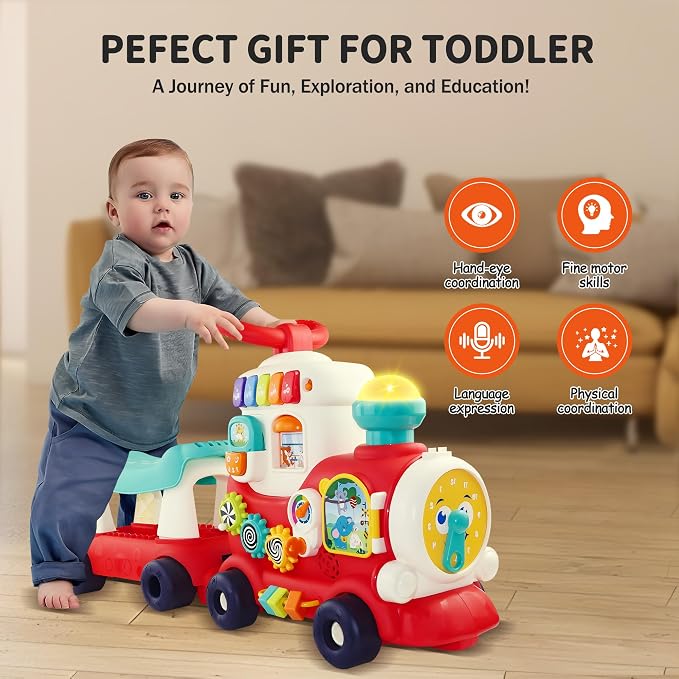 Ride On Train Toy for Toddlers 1-3, 4-in-1 Push and Pull Baby Walker Car | Push, Pull, Sit-to-Stand Walker, Walking Car Toy for Baby 1 Year Old, Indoor Outdoor Toddler Activity Toy