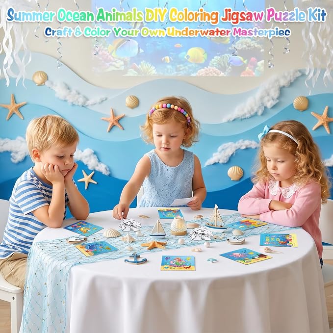 Fennoral 24 Pack DIY Coloring 0cean Animal Jigsaw Puzzle Craft Kit for Kids | Blank Color Your Own Jigsaw Puzzle with Base Design, 4.7 Inch Summer Bulk Crafts for Classroom & Ocean Theme Party Favors