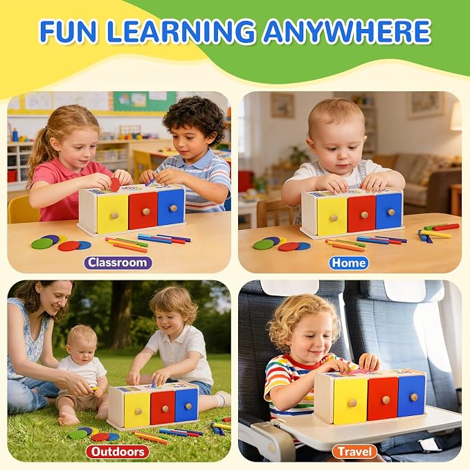Wooden Montessori Toys for 1+ Year Old, Fine Motor Skills Sensory Preschool Learning Educational Toys, 3 in 1 Color Sorting Drawer Box Toddler Gifts for Boys & Girls 12-36 Months