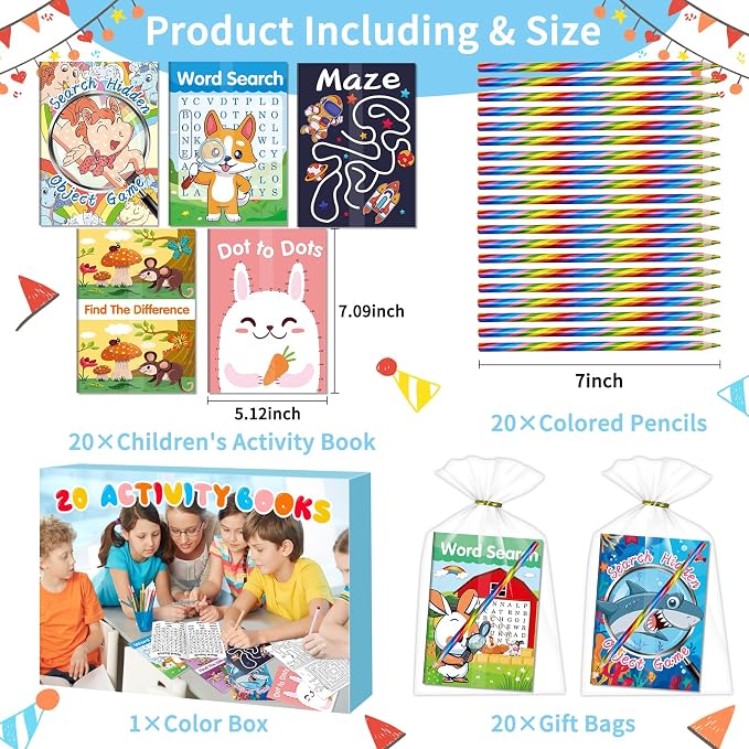 Elfew 20 Pack Activity Books Party Favors Set for Kids Ages 4-8 8-12 | 20 Colored Pencils & Gift Bags, Bulk Small Puzzles Books for Birthday Gift, Classroom Rewards, Party Goodie Bags Stuffers
