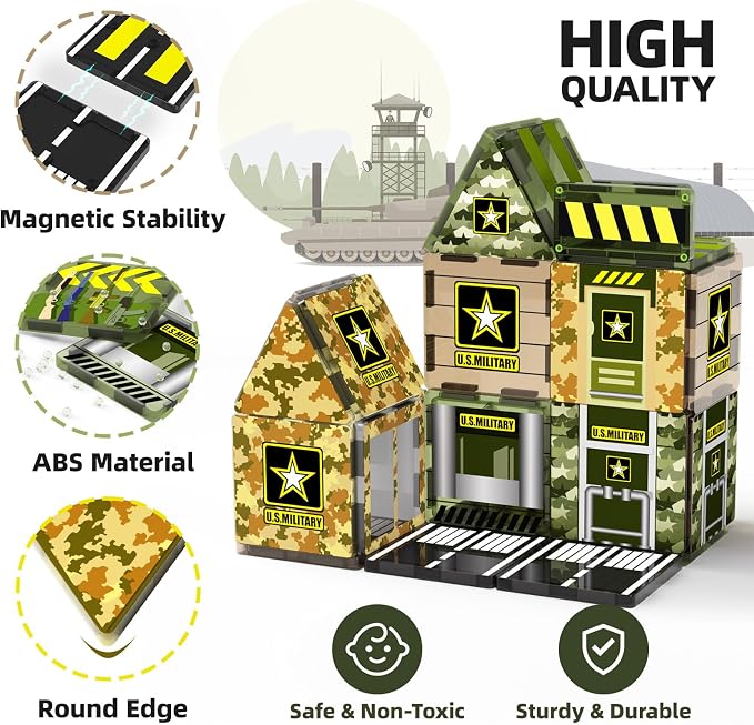 GobiDex Army Toys Magnetic Tiles Building Blocks Set for Kids Ages 3+ | STEM Magnet Military Toys for Kids Ages 3-5 4-8, Army Men Military Base Building Play, Educational Birthday Gifts for Boys
