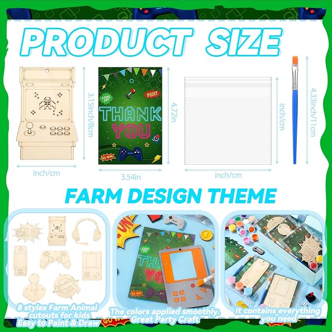 Saypacck 24 Pcs Video Game Party Favors Wooden Paint Craft Kits | DIY Craft for Kids Adults, Includes Brushes Paints Bags, Goodie Bag Fillers, Thank You Gifts, 8 Gaming Controller Designs