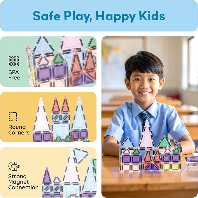 PicassoTiles 50PC Magnetic Tiles Travel Set Nano + Original Size Construction Building Block 2-in-1 Tile Collection with Tin Box Storage Case Montessori STEM Activity Learning Kit Kids Ages 3+ PN12