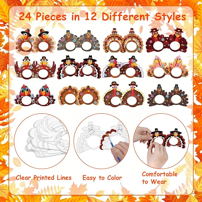 24 Pcs Thanksgiving Turkey Craft for Kids DIY Coloring Turkey Mask | Color Your Own Art and Crafts for Kids Birthday Cosplay Classroom Activities Masquerade Dress-Up Party Favors Game Supply