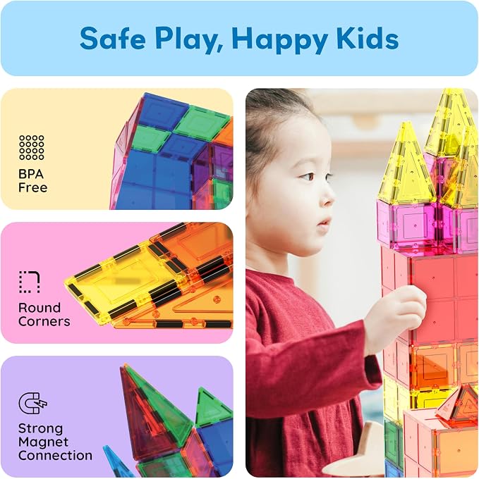 PicassoTiles 60 Piece Magnetic Tiles Clear 3D Building Blocks STEM Ages 3+ | Montessori sensory learning, easy small-hand grip, multiplayer group play fun, preschool classroom gifting, smooth safe edges