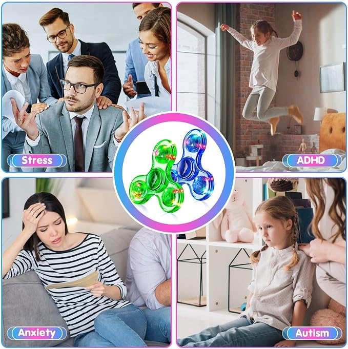 Fidget Spinner 2 Pack, Light up Sensory Fidget Toys Adults Kids Autism ADHD | Kids Travel Toys Anxiety Stress Relief Teen Boy Gifts, Classroom Prizes Glow Birthday Party Graduation Gift Stocking Stuffers
