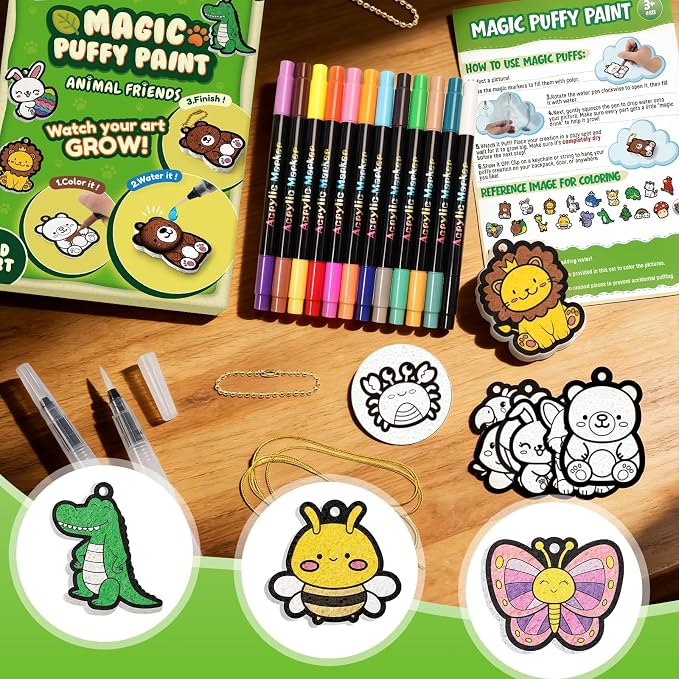 Magic Puffs Paint 3D Art Crafts Kit, Back to School Supplies Gifts for Kids | 19 Mess-Free Paint by Number Crafts for Kids Ages 4-8, DIY Color Inflate Activity, Gift for Girls Boys Ages 4-12