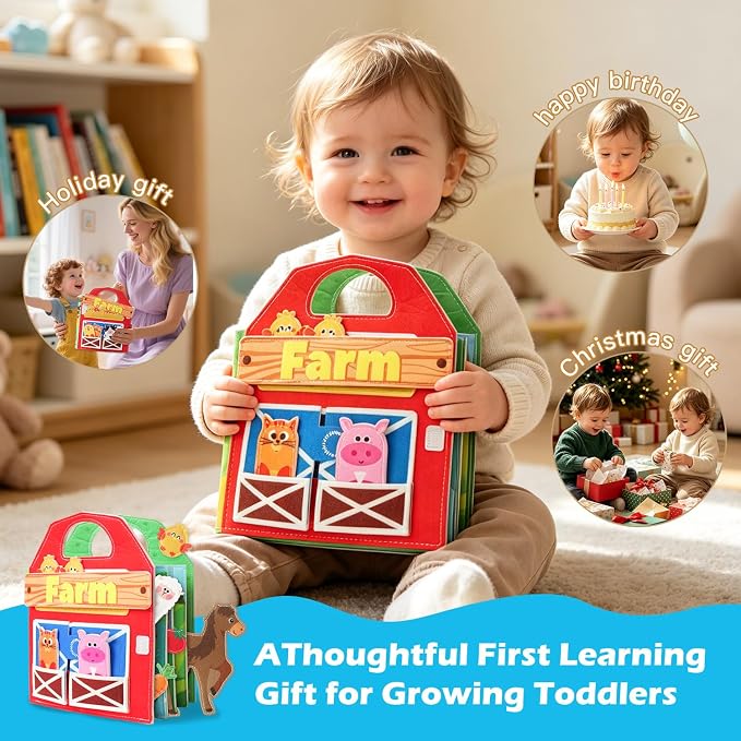 Farm Animals Busy Book for Toddlers 1-3,Montessori Toys 1 Year Old Busy Board,Felt Activity Quiet Book,1 Year Old Toddlers Gifts, Travel Toys for Toddlers 2-4, Children's Birthday