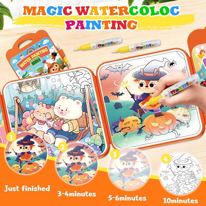 Bresdim Reusable Water Coloring Book,Water Painting Books for Toddlers 1-3 | 3Pack Handheld Mess Free Coloring Books with Water Pens,Educational Toddler Travel Activity Toys for Kid 3–6