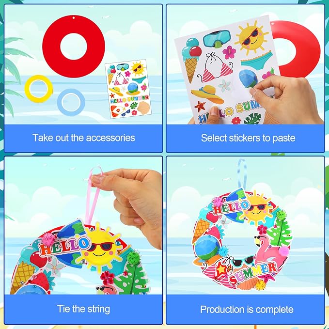 Hollowfly 48 Sets Summer Wreath Craft Kits DIY Paper Hanging Ornaments | Kids Summer Crafts, Door Wreath Decorations for Party Favors, Colorful Paper Rings, Tropical Fruit Flamingo Stickers